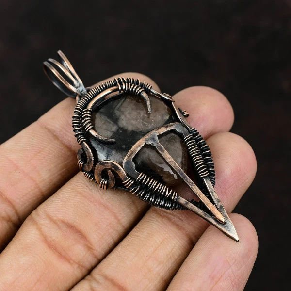 Copper Watermelon Tourmaline Oval Blue Handmade Copper Wire Wrapped Pendant