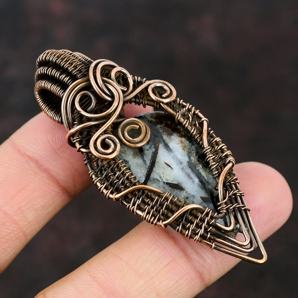 Tibetan Turquoise Oval Blue Handmade Copper Wire Wrapped Pendant