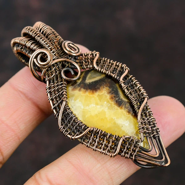 Copper Stichtite Oval Green Handmade Copper Wire Wrapped Pendant