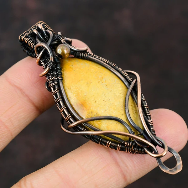Moss Prehnite Oval Green Handmade Copper Wire Wrapped Pendant