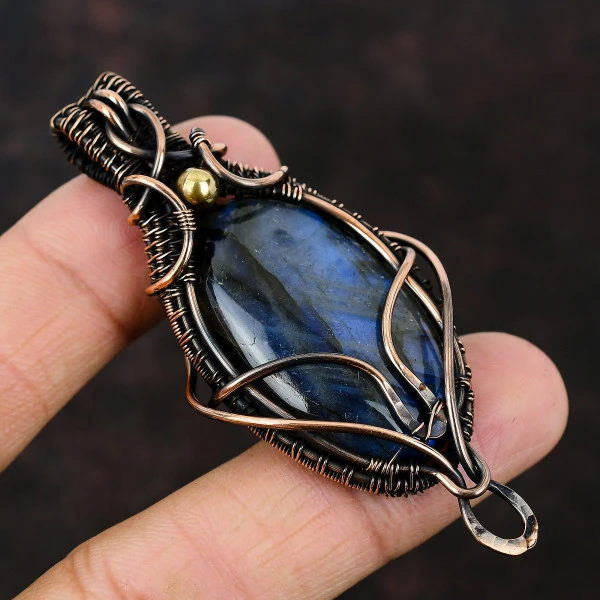 Copper Blue Turquoise Oval Blue Handmade Copper Wire Wrapped Pendant