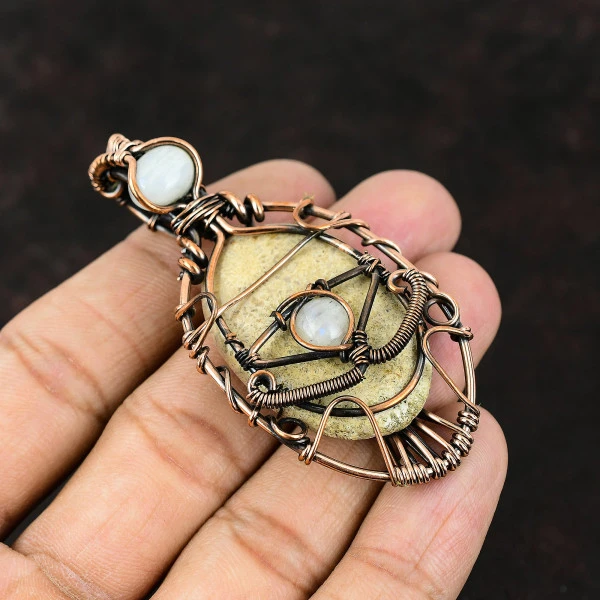 Fossil Coral Oval White Handmade Copper Wire Wrapped Pendant