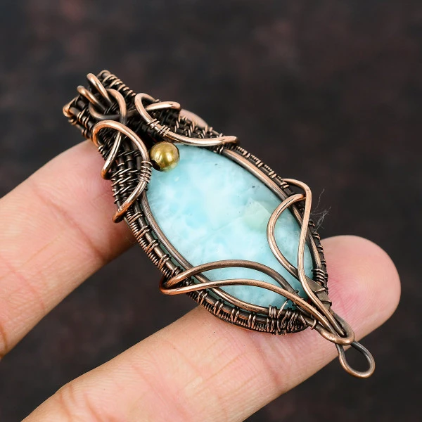 Labradorite Oval Blue Handmade Copper Wire Wrapped Pendant