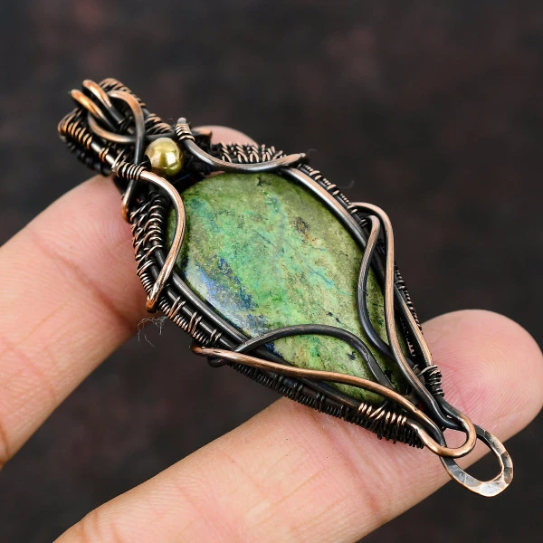 Moss Prehnite Oval Green Handmade Copper Wire Wrapped Pendant