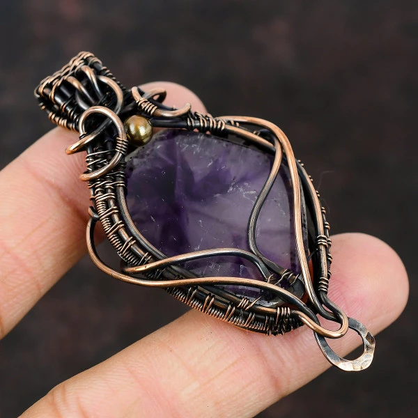 Maligano Jasper Oval Yellow Handmade Copper Wire Wrapped Pendant