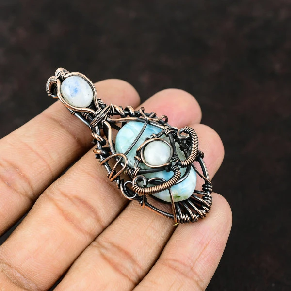 Larimar Oval Blue Handmade Copper Wire Wrapped Pendant