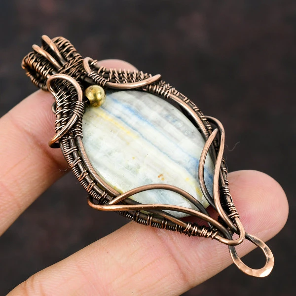 Tibetan Turquoise Oval Blue Handmade Copper Wire Wrapped Pendant