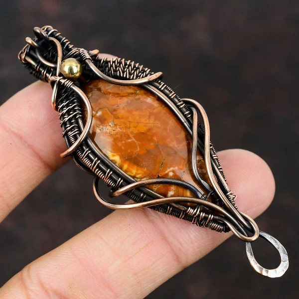 Nellite Oval Blue Handmade Copper Wire Wrapped Pendant