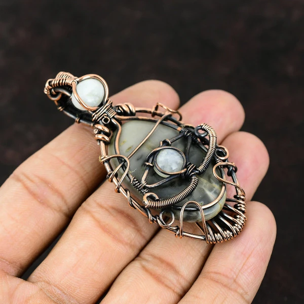 Picasso Jasper Oval Gray Handmade Copper Wire Wrapped Pendant