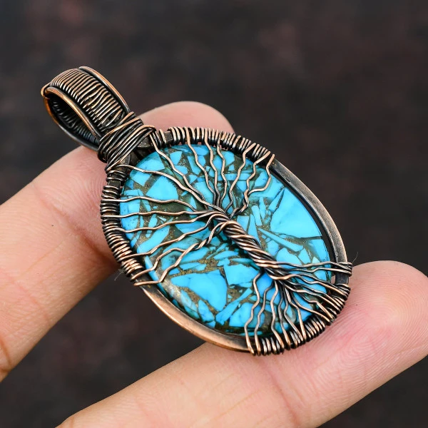 Labradorite Oval Blue Handmade Copper Wire Wrapped Pendant
