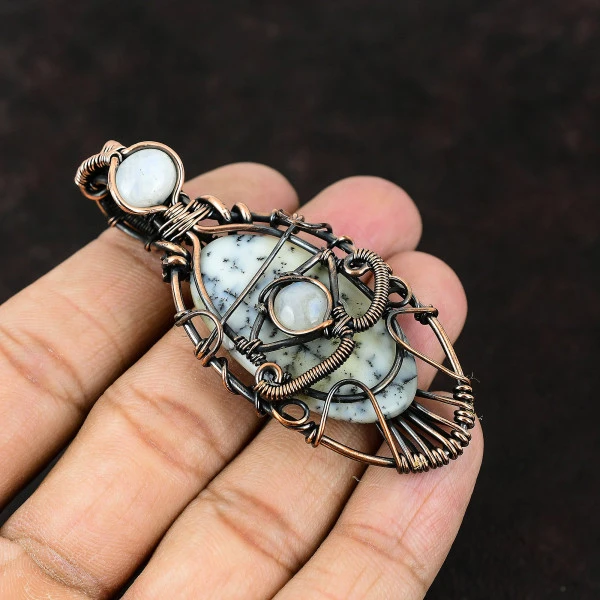 Dendrite Opal Oval White Handmade Copper Wire Wrapped Pendant