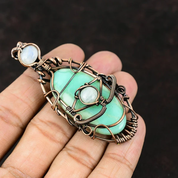 Chrysoprase Oval Green Handmade Copper Wire Wrapped Pendant