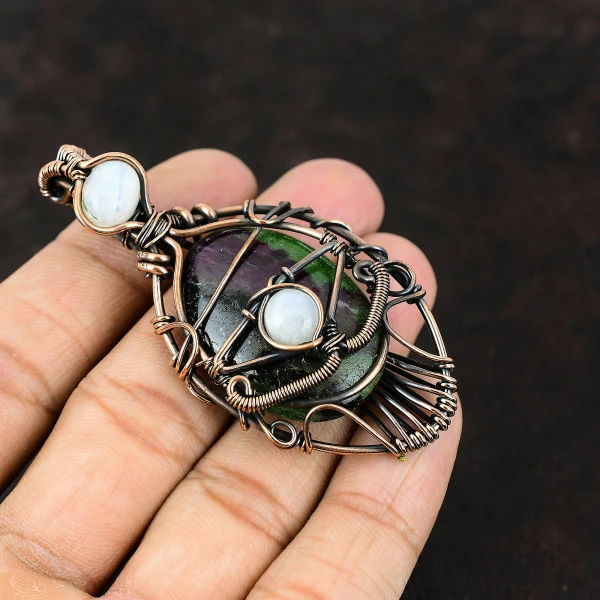 Ruby Zoisite Oval Green Handmade Copper Wire Wrapped Pendant