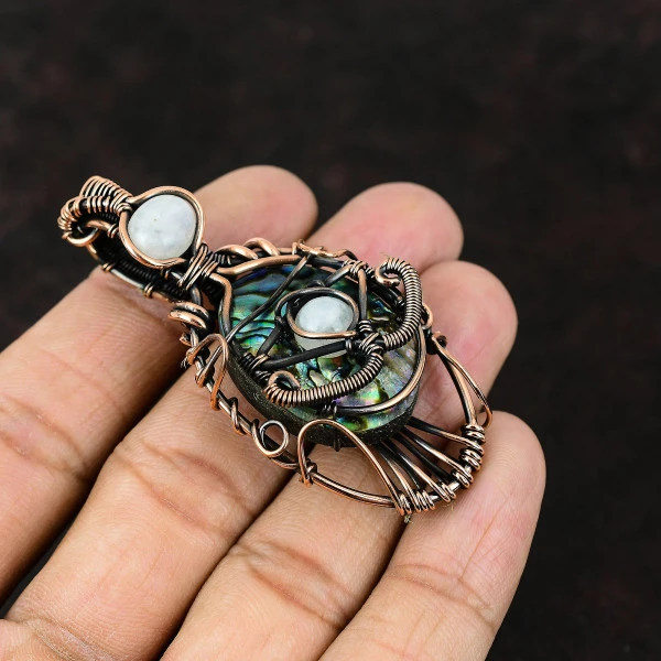 Abalone Shell Oval Green Handmade Copper Wire Wrapped Pendant