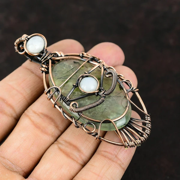 Moss Prehnite Oval Green Handmade Copper Wire Wrapped Pendant
