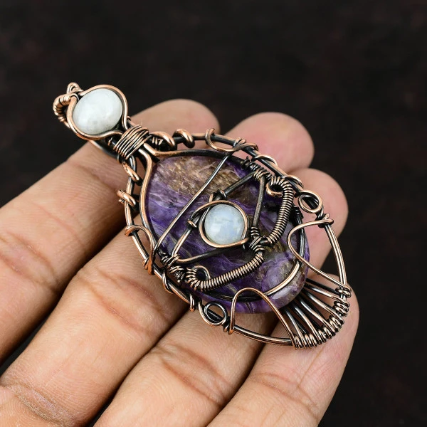 Charoite Oval Purple Handmade Copper Wire Wrapped Pendant