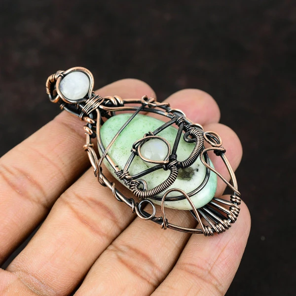 Chrysoprase Oval Green Handmade Copper Wire Wrapped Pendant