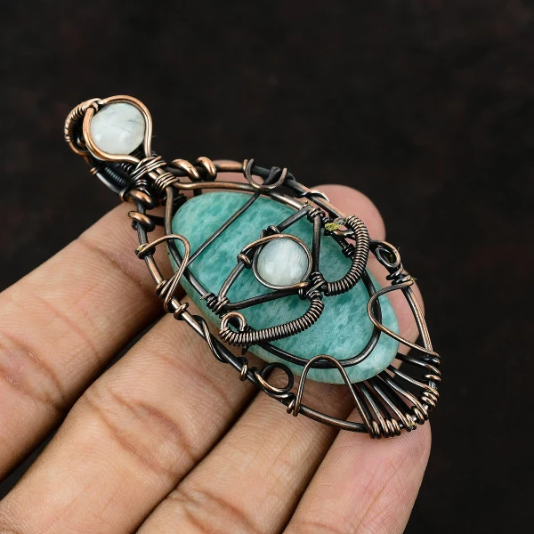 Amazonite Oval Green Handmade Copper Wire Wrapped Pendant