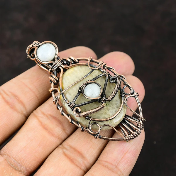 Fossil Coral Oval Gray Handmade Copper Wire Wrapped Pendant