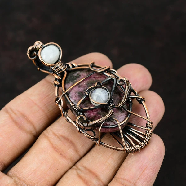 Rhodonite Oval Pink Handmade Copper Wire Wrapped Pendant