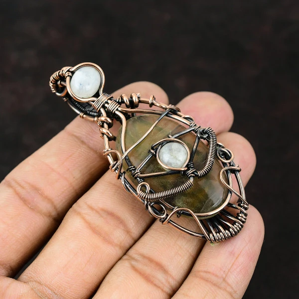Multi Fluorite Oval Yellow Handmade Copper Wire Wrapped Pendant