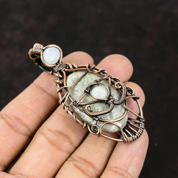 Fossil Coral Oval White Handmade Copper Wire Wrapped Pendant