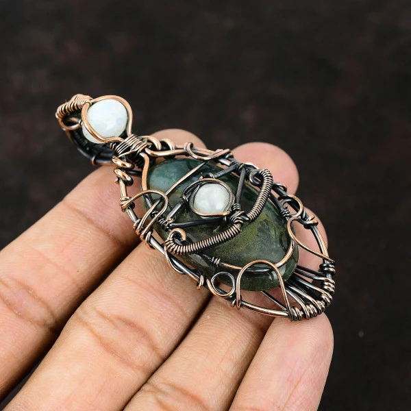 Bloodstone Oval Green Handmade Copper Wire Wrapped Pendant