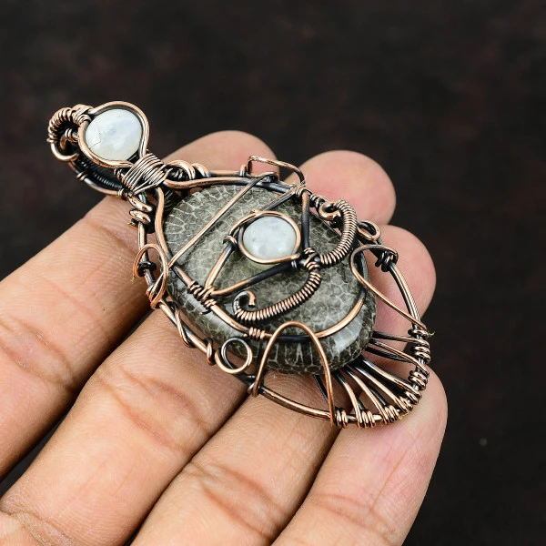 Stingray Coral Oval Black Handmade Copper Wire Wrapped Pendant