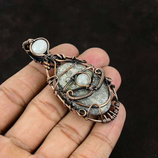 Fossil Coral Oval White Handmade Copper Wire Wrapped Pendant