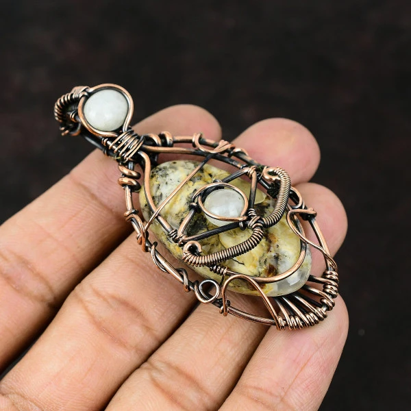 Plume Agate Oval Yellow Handmade Copper Wire Wrapped Pendant