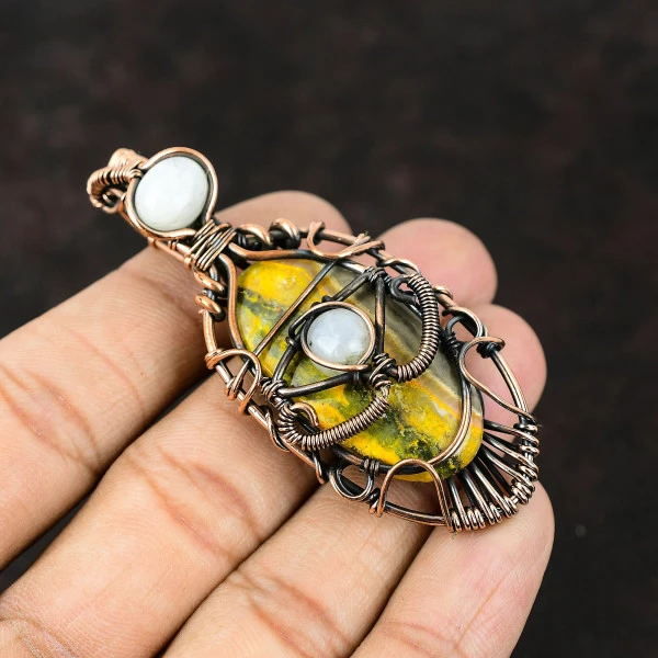 Bumble Bee Jasper Oval Yellow Handmade Copper Wire Wrapped Pendant