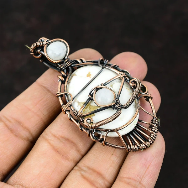 Wild Horse Magnesite Oval White Handmade Copper Wire Wrapped Pendant
