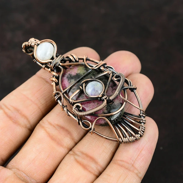 Rhodonite Oval Pink Handmade Copper Wire Wrapped Pendant