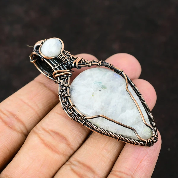 Rainbow Moonstone Oval White Handmade Copper Wire Wrapped Pendant