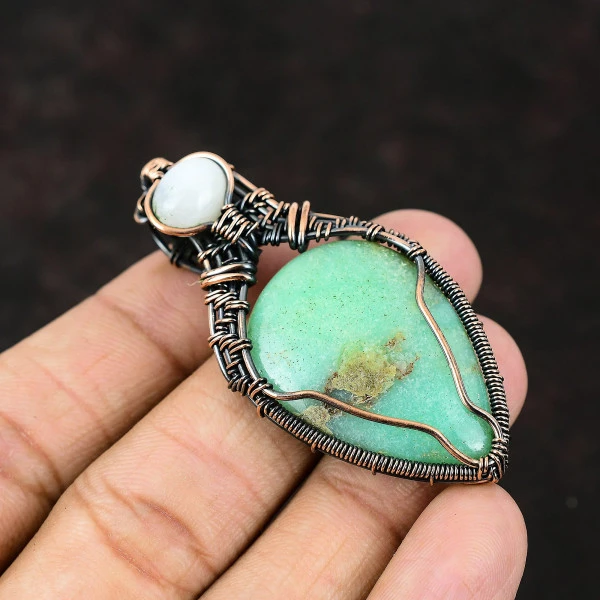 Chrysoprase Pear Green Handmade Copper Wire Wrapped Pendant
