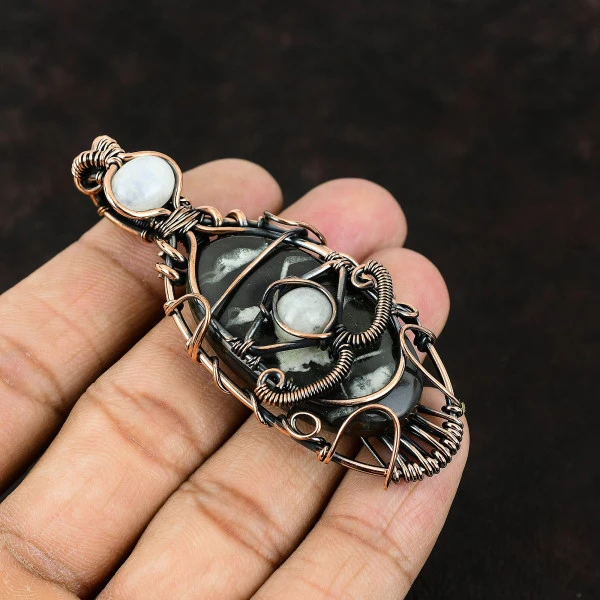 Moroccan Mud Crack Fossil Oval Black Handmade Copper Wire Wrapped Pendant
