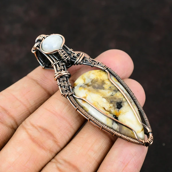 Plume Agate Pear White Handmade Copper Wire Wrapped Pendant