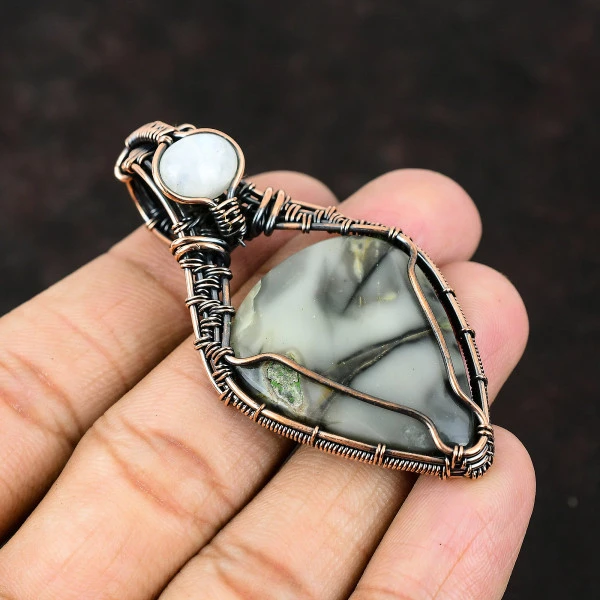 Picasso Jasper Pear Gray Handmade Copper Wire Wrapped Pendant