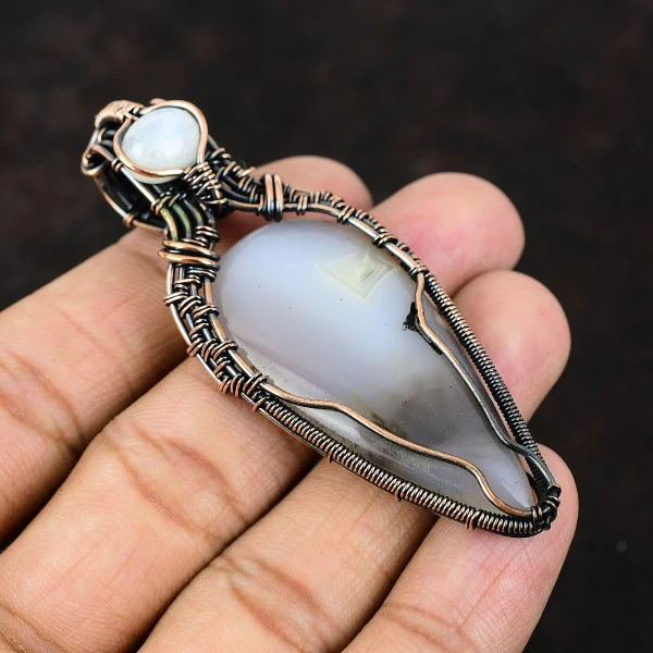 Botswana Agate Pear White Handmade Copper Wire Wrapped Pendant