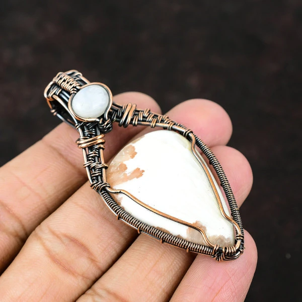 Scolecite Pear Peach Handmade Copper Wire Wrapped Pendant