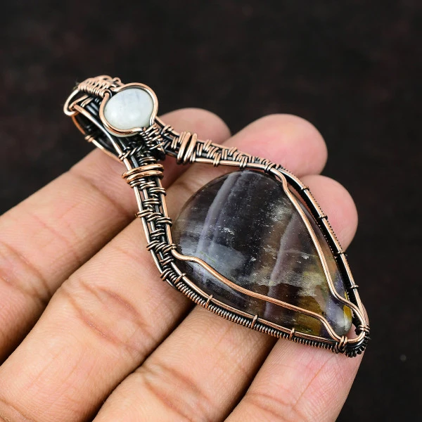 Multi Fluorite Pear Purple Handmade Copper Wire Wrapped Pendant