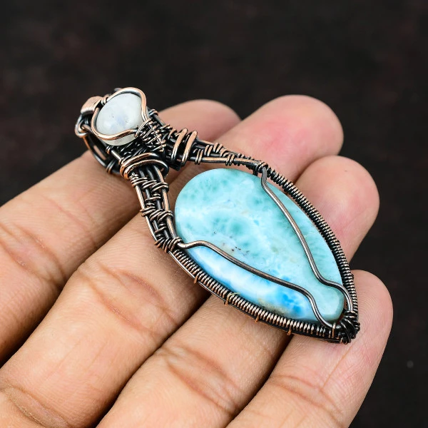 Larimar Pear Blue Handmade Copper Wire Wrapped Pendant