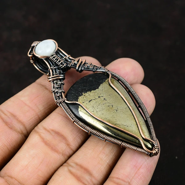 Pyrite Pear Gold Handmade Copper Wire Wrapped Pendant