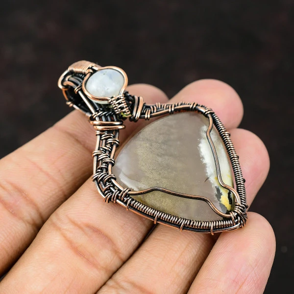 Plume Agate Pear Gray Handmade Copper Wire Wrapped Pendant