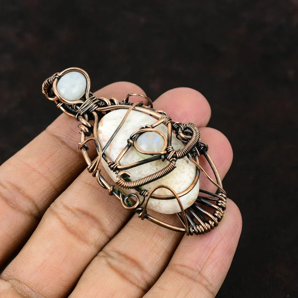 Scolecite Oval White Handmade Copper Wire Wrapped Pendant