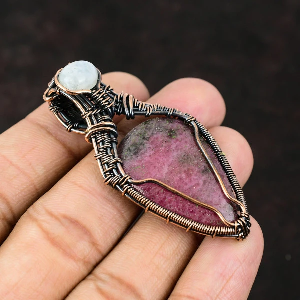 Rhodonite Pear Pink Handmade Copper Wire Wrapped Pendant