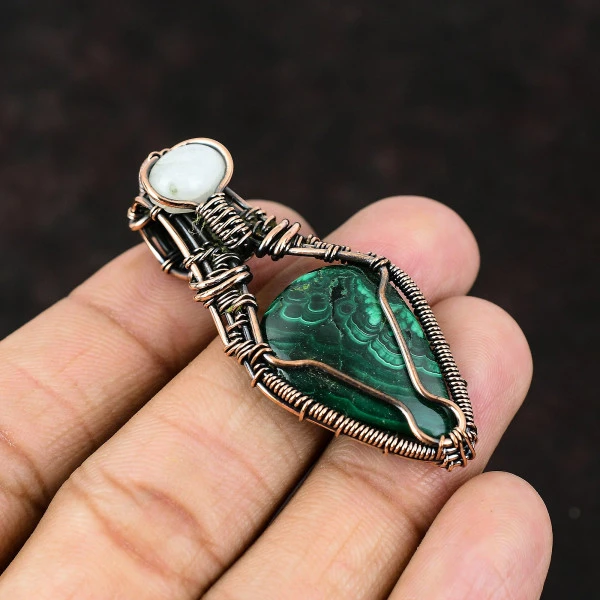 Malachite Pear Green Handmade Copper Wire Wrapped Pendant