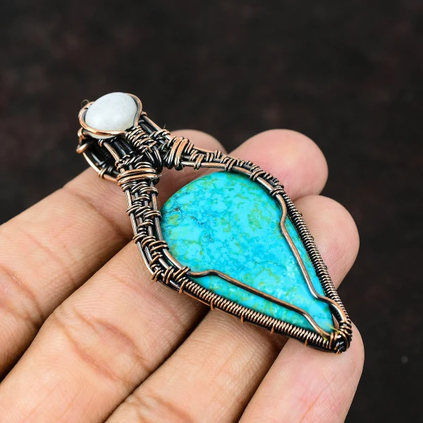 Arizona Turquoise Pear Blue Handmade Copper Wire Wrapped Pendant