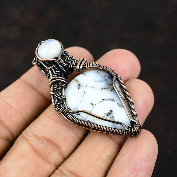 Dendrite Opal Pear White Handmade Copper Wire Wrapped Pendant