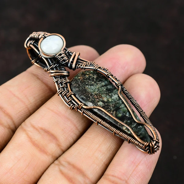 Seraphinite Pear Green Handmade Copper Wire Wrapped Pendant